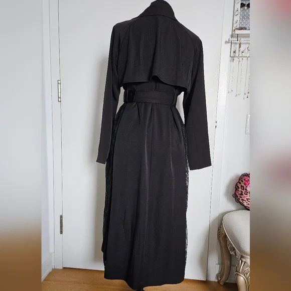 Resexxy Gyaru Black Trench Coat Pleated Lace Panel Sides Tortoise Shell Buttons - Picture 9 of 14